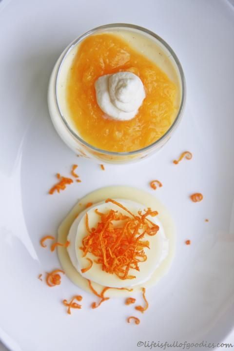 Zitrus Panna Cotta mit flambiertem Orangekompott und Buttermilchmousse